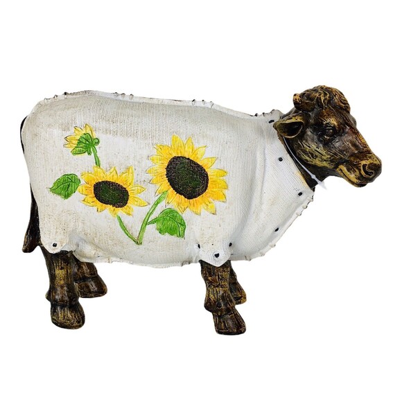 Vintage Farmhouse Dairy Cow Sunflower Cottage Flowers Statue Figurine Farm Decor - Picture 2 of 7